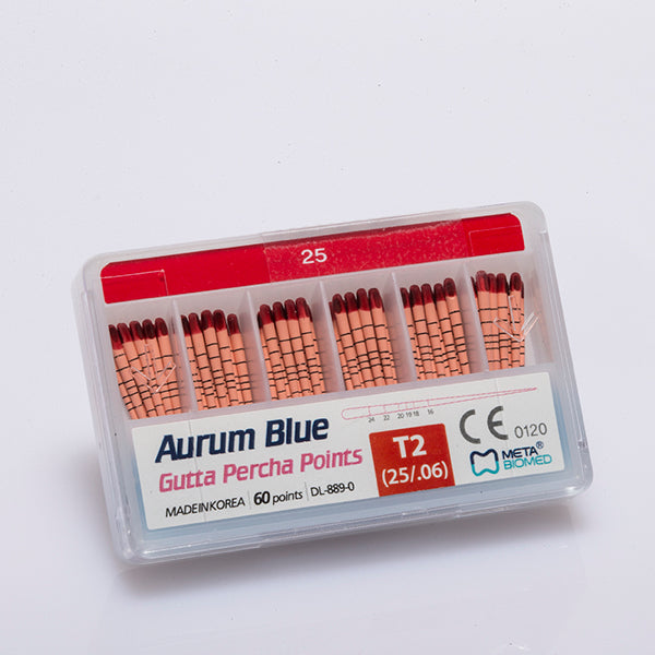 Aurum Blue Gutta Percha for root canal filling, offering high-quality, flexible, and biocompatible material for effective root canal sealing in endodontic treatments