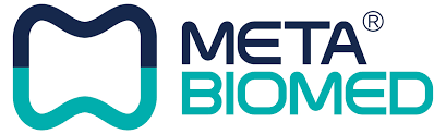 Meta Biomed logo with a blue and green design on a white background